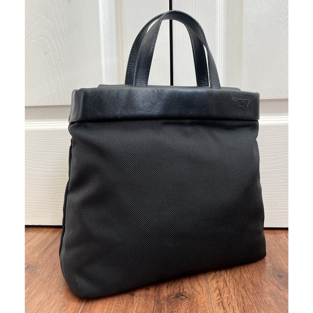 TUMI Black Leather Ballistic Nylon Small Carry On Travel Shopper Tote Bag